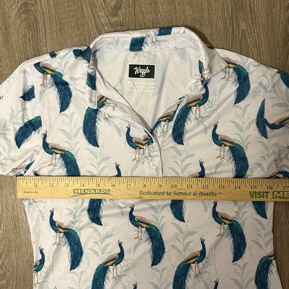Waggle Peacock Print Golf Polo Small Stretch Performance Top - Picture 4 of 9